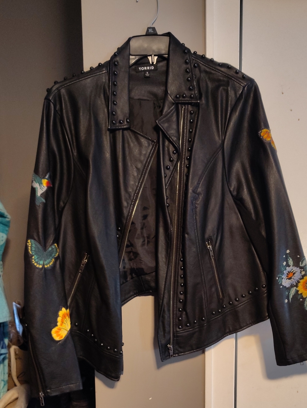 torrid Black Faux Leather Studded Moto Jacket with Colorful Embroidery Size 3